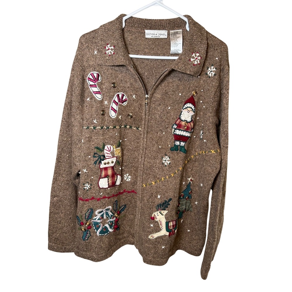 Victoria Jones Sweater Women's 2X Vintage Christmas Embroidered Zip Cardigan